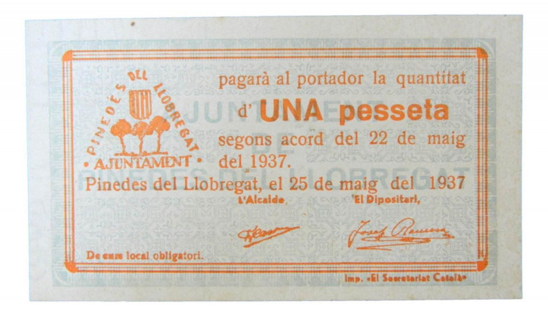 Catalunya. Ajuntament de Pinedes de Llobregat. 1 pesseta. 25 maig 1937. AT-1829d...