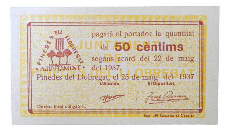 Catalunya. Ajuntament de Pinedes de Llobregat. 50 cèntims. 22 maig 1937. AT-1830...