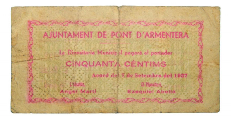 Catalunya. Ajuntament de Pont d´Armentera. 50 cèntims. 7 setembre 1937. AT-1944....