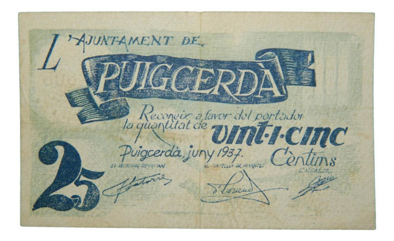 Catalunya. Ajuntament de Puigcerdà. 25 cèntims. Juny 1937. AT-2030. Sucio. 
MBC...