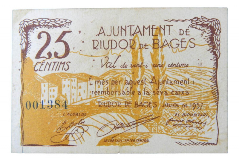 Catalunya. Ajuntament de Riudor de Bages. 25 cèntims. Juliol 1937. AT-2173. Cort...