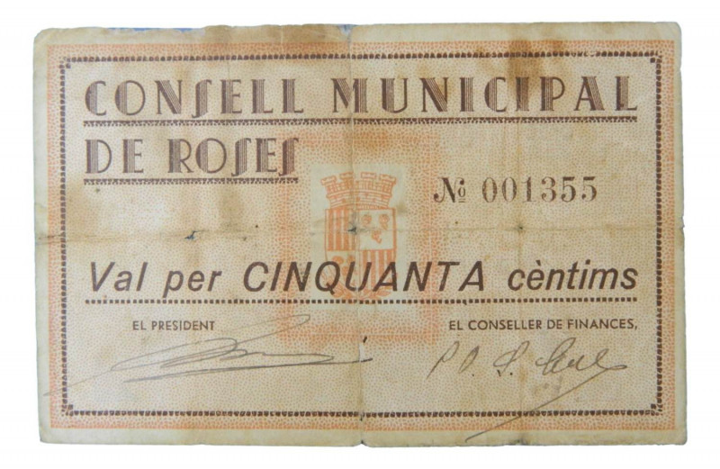 Catalunya. Consell Municipal de Roses. 50 cèntims. AT-2211. Roturas reparadas co...