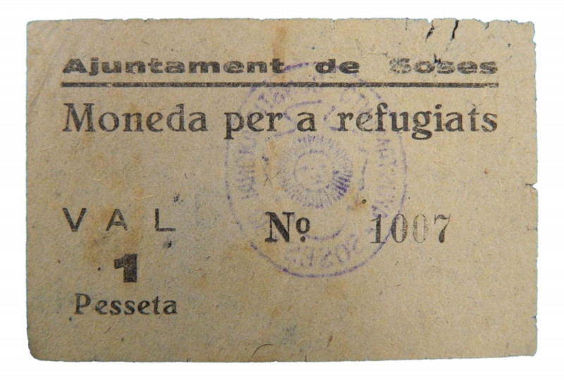 Catalunya. Ajuntament de Soses. 1 pesseta. AT-2406. Moneda per a refugiats. RRR...