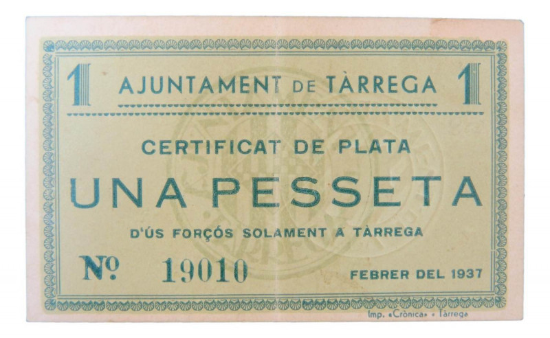 Catalunya. Ajuntament de Tàrrega. 1 pesseta. Febrer 1937. AT-2441a. 
EBC