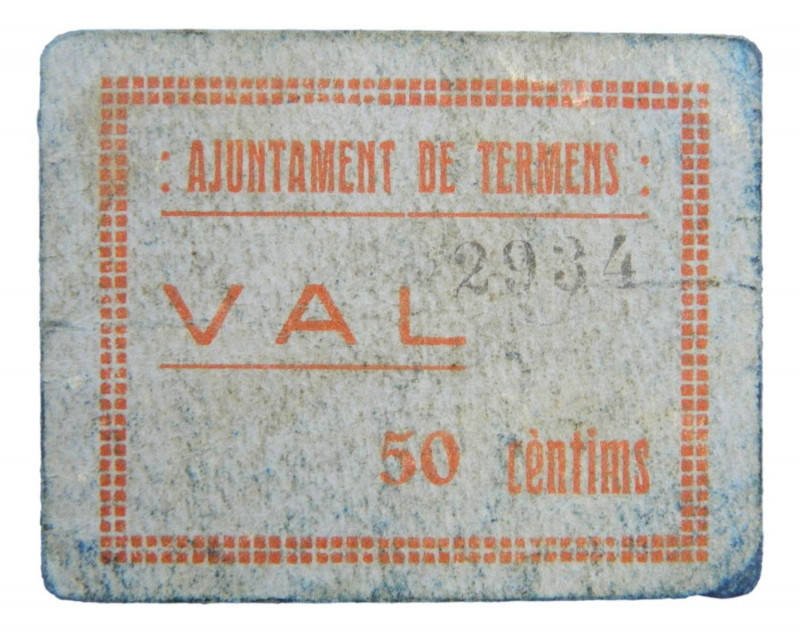 Catalunya. Ajuntament de Termens. 50 cèntims. AT-2452b. Cartón. Sucio. Escaso. ...