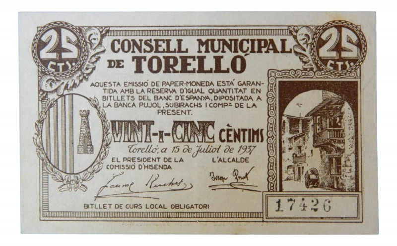 Catalunya. Consell Municipal de Torelló. 25 cèntims. 15 juliol 1937. AT-2514.
E...