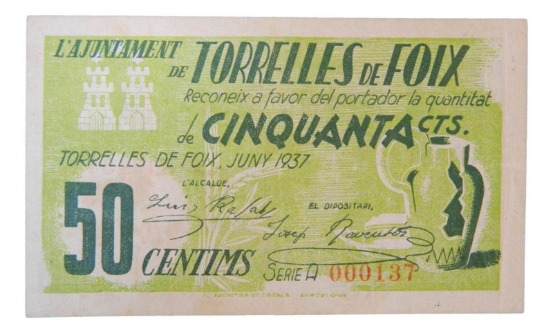 Catalunya. Ajuntament de Torrelles de Foix. 50 cèntims. Juny 1937. AT-2554. 
MB...