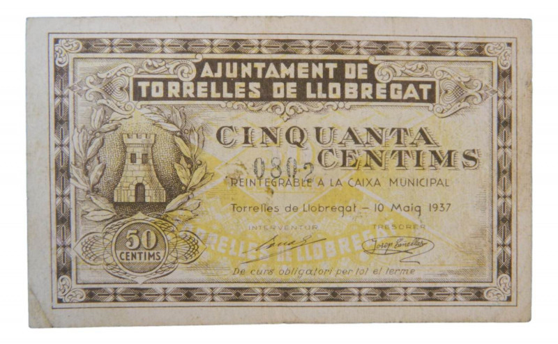 Catalunya. Ajuntament de Torrelles de Llobregat. 50 cèntims. 10 maig 1937. AT-25...