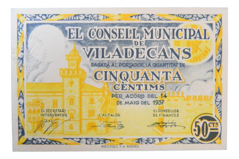 Catalunya. Consell Municipal de Viladecans. 50 céntims. 14 maig 1937. AT-2768. ...