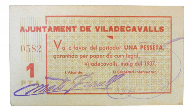 Catalunya. Ajuntament de Viladecavalls. 1 pesseta. Maig 1937. AT-2770a. Raro.
S...