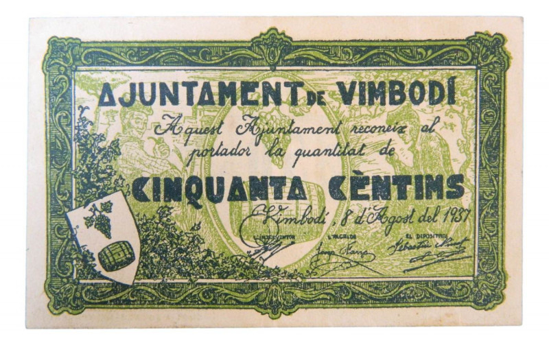 Catalunya. Ajuntament de Vimbodí. 50 cèntims. 5 agost 1937. AT-2906. Escaso.
EB...