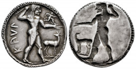 Bruttium. Kaulonia. Stater - Electrotype. 525-500 BC. (Sng Ans-142). (McClean-1589/90). Anv.: Nude Apollo walking to right, holding laurel branch in u...