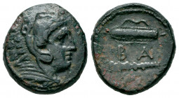 Kingdom of Macedon. Alexander III, "The Great". AE 18. 336-323 BC. Uncertain mint. (Price-383). Anv.: Head of Herakles to right, wearing lion skin hea...