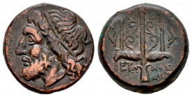 Sicily. Syracuse. AE 19. 275-216 BC. Time of Hieron II. (Hgc-2, 1550). Anv.: Diademed head of Poseidon to left. Rev.: Trident flanked by two dolphins ...