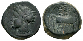 Hispanic-Carthaginian Coinage. 1/4 calco. 220-215 BC. Cartagena (Murcia). (Abh-508). Anv.: Head of Tanit left. Rev.: Horse standing right, palm behind...