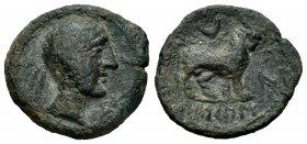 Kastilo-Castulo. Half unit. 180 BC. Cazlona (Jaén). (Abh-720). Anv.: Diademed male head right, palm before. Rev.: Bull right, crescent above, iberian ...