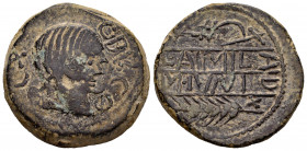 Obulco. Unit. 220-20 BC. Porcuna (Jaén). (Abh-1818). Anv.: Female head right, legend OBVLCO before, crescent and iberian letter TA behind. Rev.: Plow ...