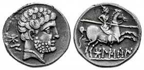 Bolskan. Denarius. 180-20 BC. Huesca. (Abh-1911). (Acip-1417). (C-2). Anv.: Bearded head right, iberian letters BON behind. Rev.: Horseman right, hold...