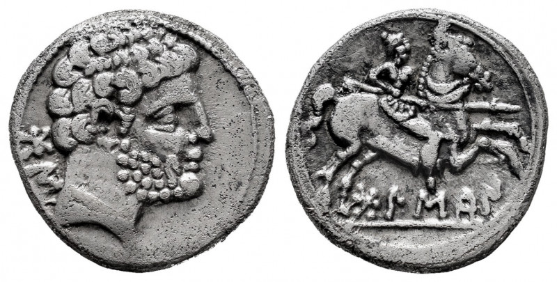 Bolskan. Denarius. 180-20 BC. Huesca. (Abh-1911). (Acip-1417). Anv.: Bearded hea...