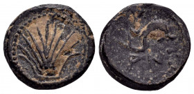 Arse-Saguntum. Quadrans. 170-20 BC. Sagunto (Valencia). (Abh-2052). (Acip-1975). (C-40). Anv.: Seashell. Rev.: Dolphin right, crescent above, iberian ...