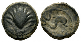 Arse-Saguntum. Cuadrante. 170-20 BC. Sagunto (Valencia). (Abh-2054). Anv.: Seashell. Rev.: Dolphin right, crescent above, iberian letter A and thee pe...