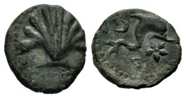 Arse-Saguntum. Sextans?. 170-20 BC. Sagunto (Valencia). (Abh-2064). Anv.: Seashell. Rev.: Dolphin right, crescent above and iberian letter A and star ...
