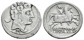 Sekobirikes. Denarius. 120-30 BC. Saelices (Cuenca). (Abh-2174). (Acip-1869). Anv.: Male head right, crescent behind and iberian letter S below. Rev.:...