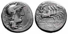 Opeimius. M. Opeimius. Denarius. 131 BC. Rome. (Ffc-950). (Craw-254/1). (Cal-1056). Anv.: Head of Roma right, X below chin, tripod behind. Rev.: Apoll...