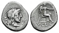 Porcius. M. Porcius Cato. Quinarius. 46-47 a.C. Africa. (Craw-462/2). (Rsc-Porcia 11). Anv.: Head of Liber right, wearing ivy wreath; M•C(ATO•PRO•)PR ...