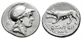 Satrienus. P. Satrienus. Denarius. 77 BC. Rome. (Ffc-1097). (Craw-388/1b). (Cal-1243). Anv.: Head of young Mars right, number VI behind. Rev.: ROMA, a...