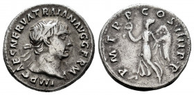 Trajan. Denarius. 101-102 d.C. Rome. (Ric-60). (Woytek-130). (Bmcre-121). Anv.: IMP CAES NERVA TRAIAN AVG GERM, laureate head right. Rev.: P M TR P CO...