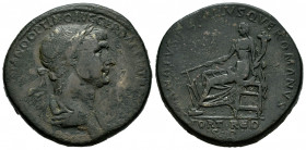Trajan. Sestertius. 114-117 d.C. Rome. (Ric-651). Anv.: (IMP CAES TRA)IANO OPTIMO AVG GER DAC P M TR P (COS VI P P), laureate and draped bust right. R...