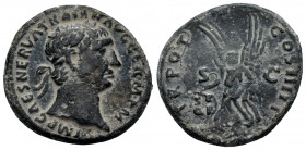 Trajan. Unit. 101-102 d.C. Rome. (Ric-II 434). (Woytek-113b). (Bmcre-753). Anv.: IMP CAES NERVA TRAIAN AVG GERM P M, laureate head to right, slight dr...