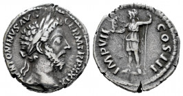 Marcus Aurelius. Denarius. 174 d.C. Rome. (Ric-316). Anv.: M ANTONINVS AVG TR P XXIX, laureate head right. Rev.: IMP VII COS III, Roma standing left, ...