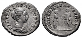 Plautilla. Denarius. 202 d.C. Rome. (Ric-361 (Caracalla)). Anv.: PLAVTILLAE AVGVSTAE, draped bust to right. Rev.: CONCORDIAE AETERNAE, Plautilla and C...