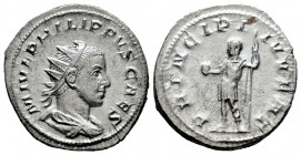 Philip II. Antoninianus. 244-247 d.C. Rome. (Ric-218d). Anv.: M IVL PHILIPPVS CAES. Radiate and draped bust right. Rev.: PRINCIPI IVVENT. Philip stand...
