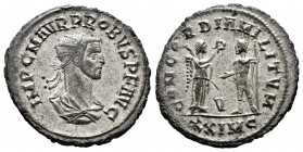Probus. Antoninianus. 280 d.C. Cyzicus. (Spink-11968). (Ric-908). Rev.: CONCORDIA MILITVM / V. Victory presenting wreath to Probus. In exergue XXIMC. ...
