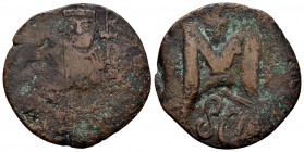 Heraclius. 40 Nummi. 632-641 d.C. Sicilia. (Doc-241). (Mib-pl. 18). (SB-882). Ae. 11,02 g. Countermark of crowned bust of Heraclius with monogram and ...