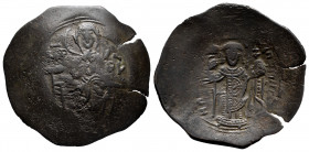 Manuel I Comnenus. Aspron Trachy. 1160-1164 d.C. Constantinople. (Doc-12a). (Sear-1964). Anv.: The Virgin enthroned facing, holding infant Christ; MHP...