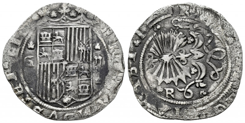 Catholic Kings (1474-1504). 2 reales. Granada. R. (Cal-498). Ag. 5,52 g. Shield ...