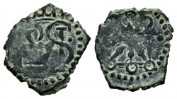 Philip II (1556-1598). Cornado. Pamplona. (Cal-21 var). (Ros-4.3.4). Anv.: Monogram. Rev.: Coat of arms of Navarre without crown, 9 links and 9 inner ...
