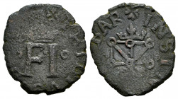 Philip II (1556-1598). 4 cornados. Sin fecha. Pamplona. (Cal-23). Ae. 3,36 g. Crowned shield. Almost VF/VF. Est...40,00. 

Spanish description: Feli...