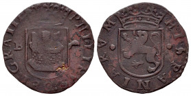Philip II (1556-1598). Cuartillo. Burgos. (Cal-78). (Jarabo-Sanahuja-A1). Anv.: Castle between B and crescent. Rev.: Lion between thick dots. Ve. 2,21...