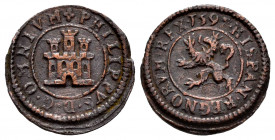Philip II (1556-1598). 1 maravedi. 1597. Segovia. (Cal-83). (Jarabo-Sanahuja-B18). Ae. 1,73 g. Without mintmark and value indication. Scarce. VF/Choic...