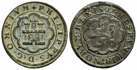Philip II (1556-1598). 4 maravedis. 1597. Segovia. (Cal-89). (Jarabo-Sanahuja-B5). Ae. 5,53 g. Without mintmark and value indication. Scarce. Almost X...