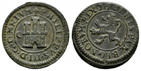 Philip III (1598-1621). 2 maravedis. 1601. Segovia. C. (Cal-182). (Jarabo-Sanahuja-C39). Ae. 2,96 g. Choice VF. Est...35,00. 

Spanish description: ...