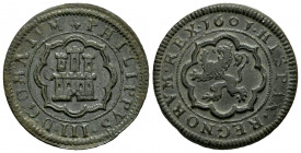 Philip III (1598-1621). 4 maravedis. 1601. Segovia. C. (Cal-251). (Jarabo-Sanahuja-C25). Ae. 6,33 g. Without mintmark and value indication. Choice VF/...