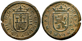 Philip III (1598-1621). 8 maravedis. 1604. Segovia. (Cal-326). (Jarabo-Sanahuja-D217). Ae. 5,67 g. Choice VF/VF. Est...25,00. 

Spanish description:...