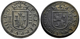 Philip III (1598-1621). 8 maravedis. 1606. Segovia. (Cal-329). (Jarabo-Sanahuja-D222). Ae. 6,58 g. VF. Est...20,00. 

Spanish description: Felipe II...