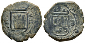 Philip III (1598-1621). 8 maravedis. Valladolid. (Cal-unlisted). Ae. 8,28 g. Mint on reverse instead of date. VF. Est...80,00. 

Spanish description...